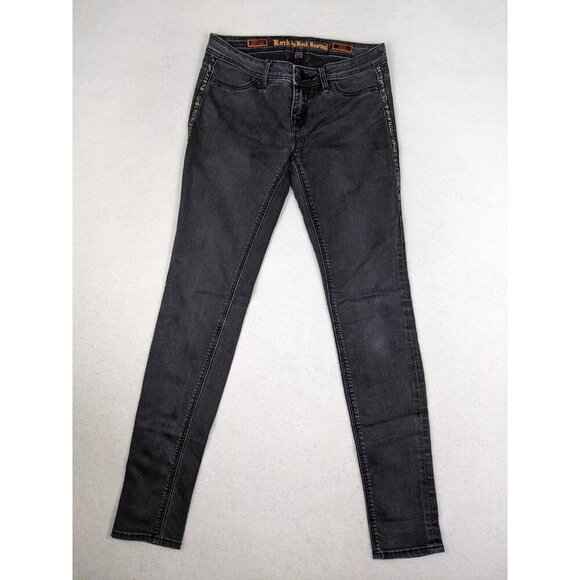 ROCK REVIVAL KATHRYN LEGGING - WOMENS GRAY DISTRESSED RHINETONE SKINNY JEANS 27 - Picture 3 of 12